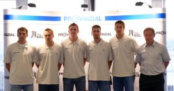 Saisonerffnungspressekonferenz: Trainer Serdarusic mit seinen Neuzugngen Adrian Wagner,  Christian Zeitz, Martin Boquist, Roman Pungartnik und Marcus Ahlm.