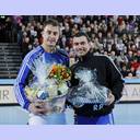 Die serbischen Nationalspieler Momir Ilic und Rajko Prodanovic werden fr EM-Silbwer geehrt.