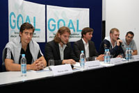 Auf der ersten Pressekonferenz von GOAL.  V.l.n.r.: Ahlm, Rominger, Michel, Bitter, G. Gille.