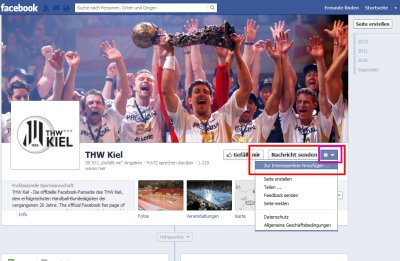 Schritt 1: Gehen Sie auf unsere Facebook-Seite www.facebook.com/thwhandball, klicken Sie rechts neben "Gefällt mir" und "Nachricht senden" auf den Pfeil nach unten. Es erscheint ein Menü: Wählen Sie hier "Zur Interessenliste hinzufügen ...".
